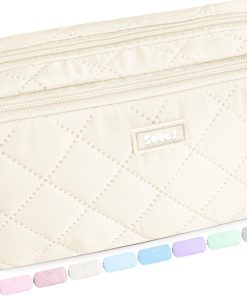 Sooez Large Pencil Case Pouch. Extra Big Pencil Bag with 8 Compartments. Pen Bag Wide Opening. Soft Quilted Pencil Pouch Organizer with Zipper. Portable Pencil Case for Teen Girls. Beige